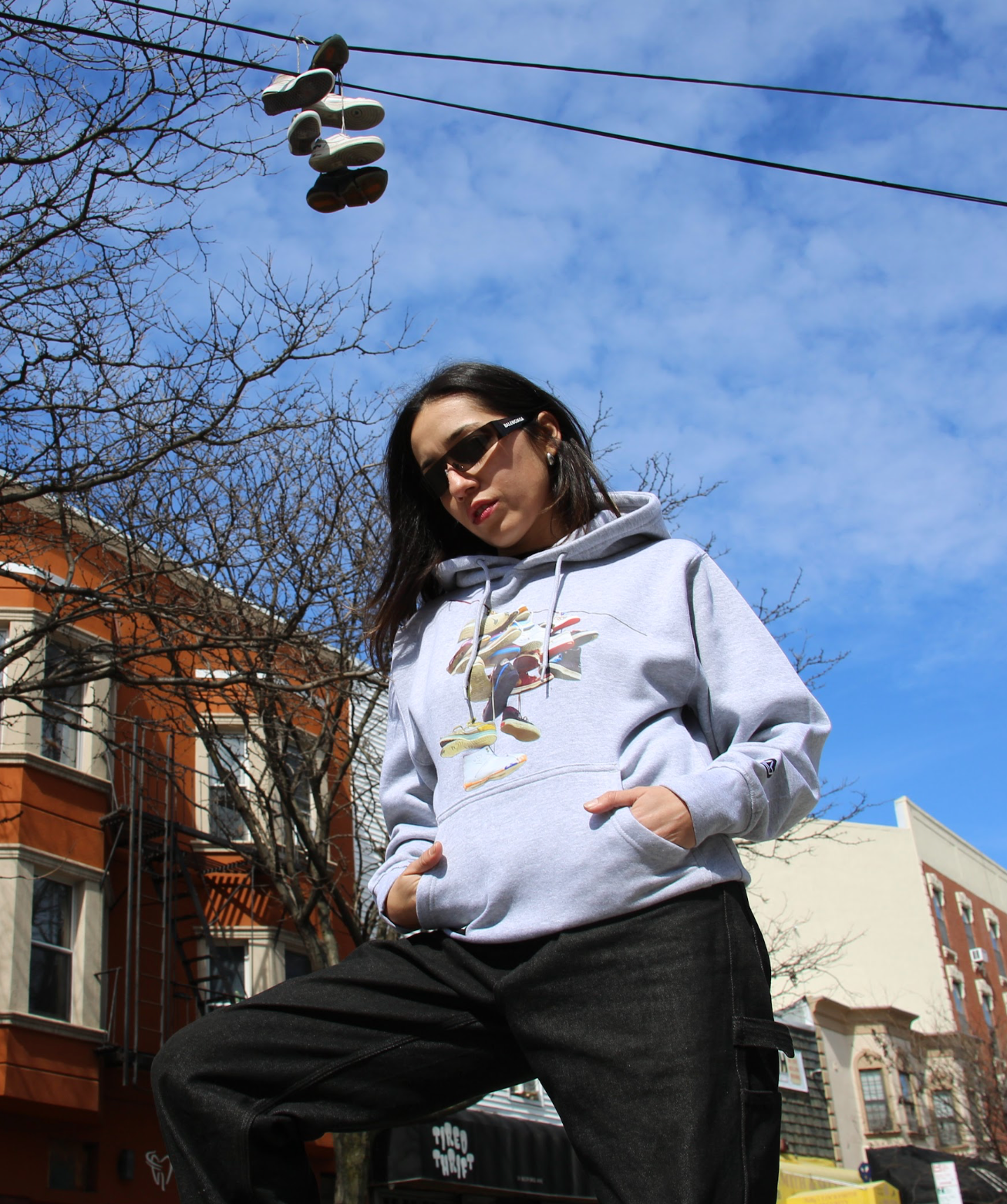 NY State of Mind Hooded Sweatshirt Hanging Shoes Hoodie